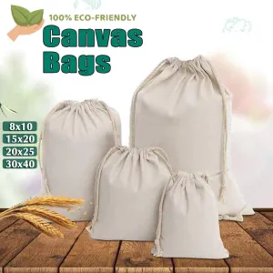 10X Canvas Drawstring Bags Bulk Linen-Calico Cotton Tote Gifts
