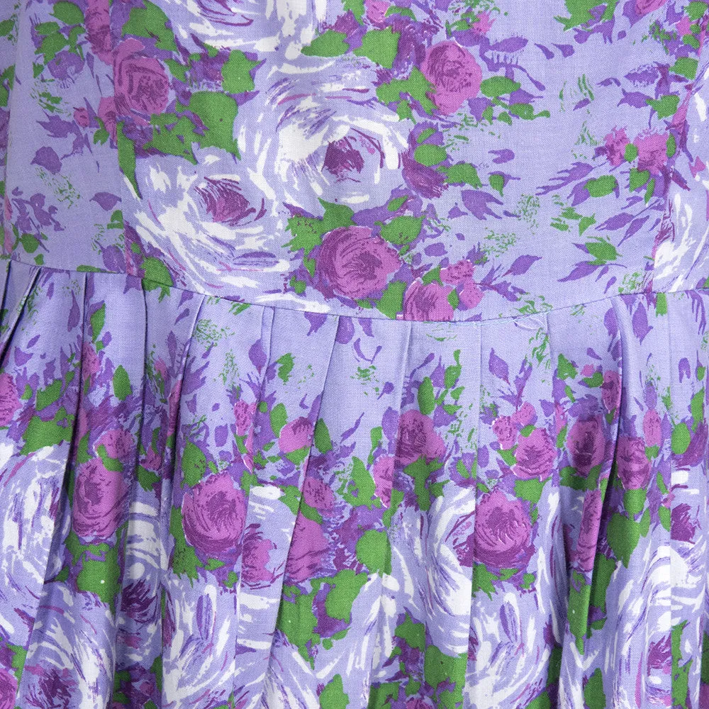 1950s Kay Whitney Purple Floral Cross Neck Dress