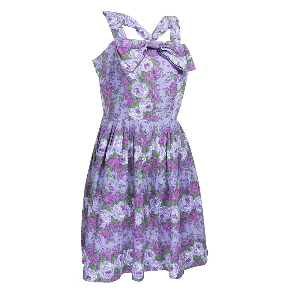 1950s Kay Whitney Purple Floral Cross Neck Dress