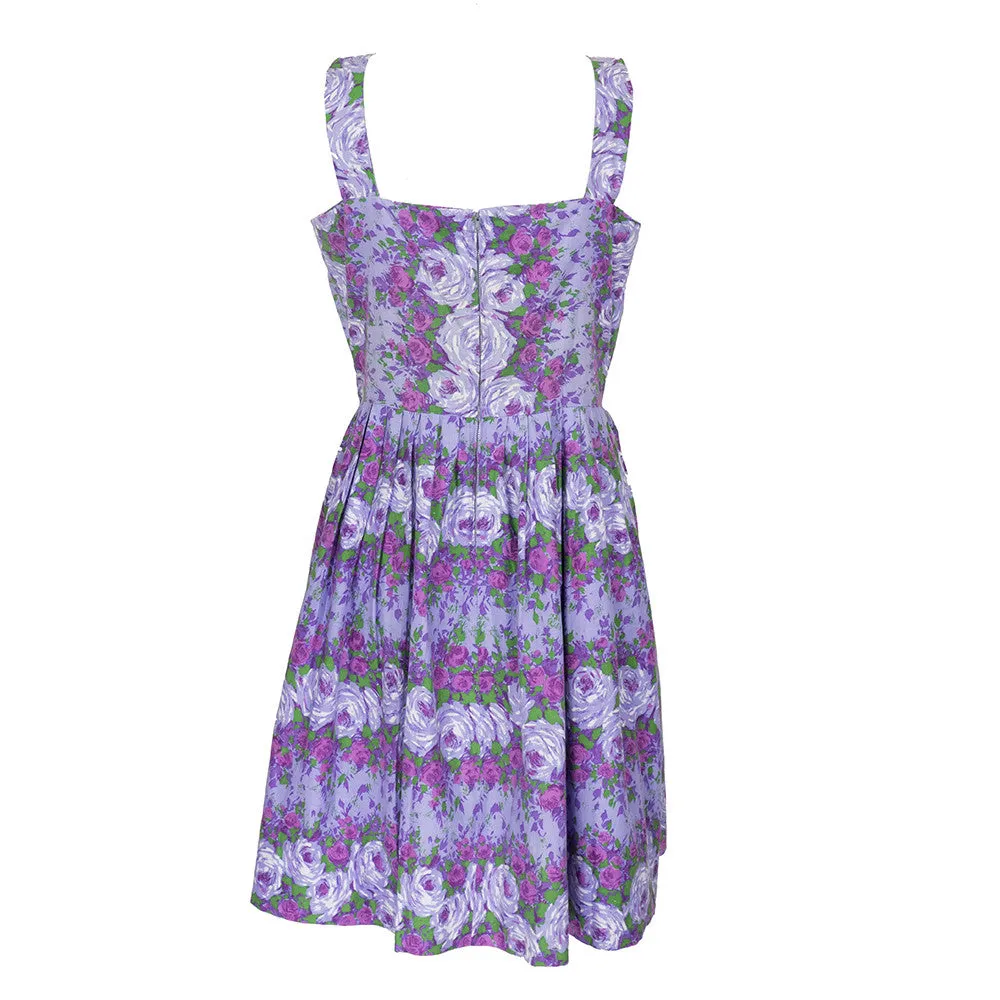 1950s Kay Whitney Purple Floral Cross Neck Dress
