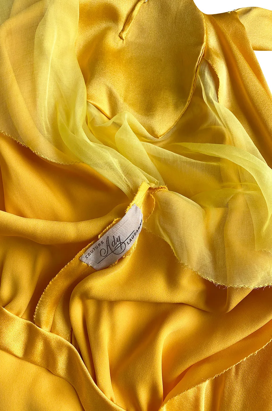 1980s Ady Couture Lausanne Yellow Bias Cut Silk Satin Two Way Tunic or Mini Dress