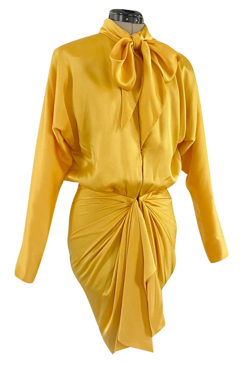 1980s Ady Couture Lausanne Yellow Bias Cut Silk Satin Two Way Tunic or Mini Dress