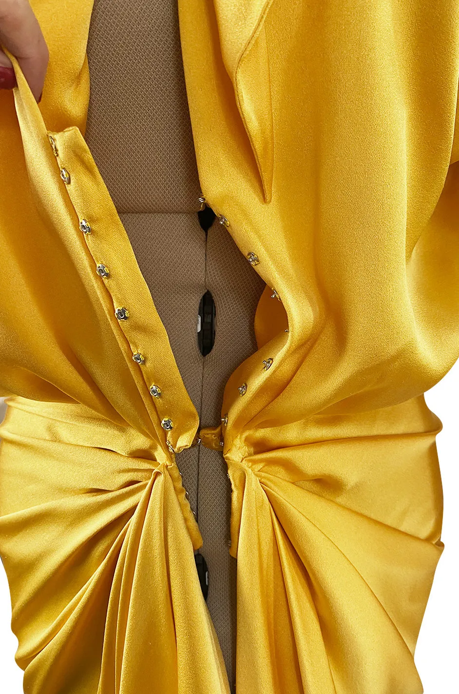 1980s Ady Couture Lausanne Yellow Bias Cut Silk Satin Two Way Tunic or Mini Dress