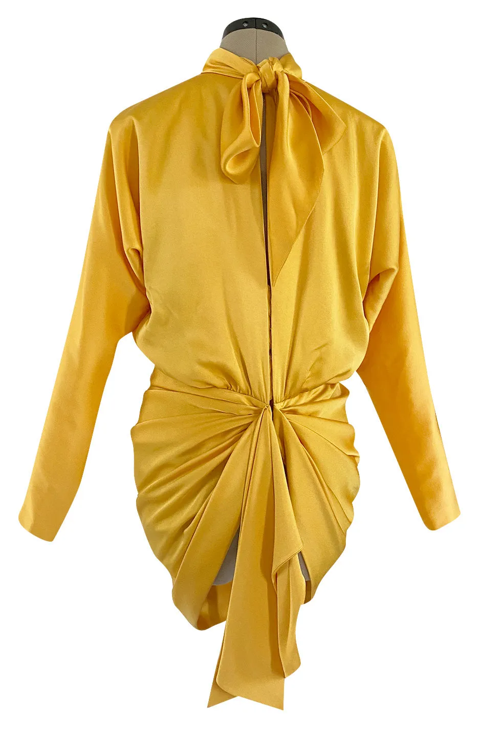 1980s Ady Couture Lausanne Yellow Bias Cut Silk Satin Two Way Tunic or Mini Dress
