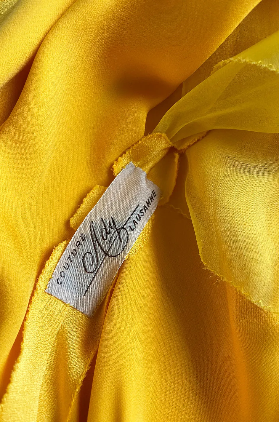 1980s Ady Couture Lausanne Yellow Bias Cut Silk Satin Two Way Tunic or Mini Dress