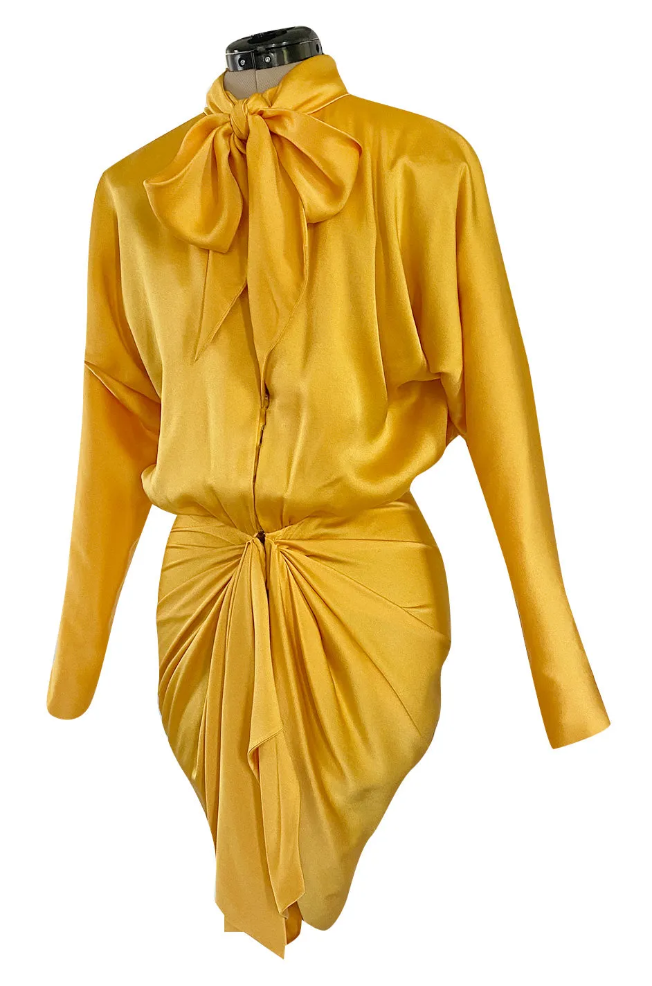 1980s Ady Couture Lausanne Yellow Bias Cut Silk Satin Two Way Tunic or Mini Dress