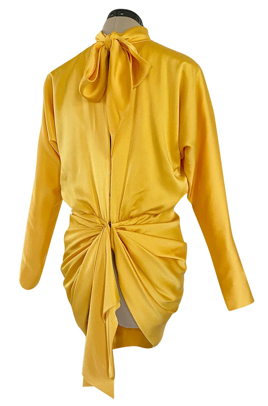 1980s Ady Couture Lausanne Yellow Bias Cut Silk Satin Two Way Tunic or Mini Dress