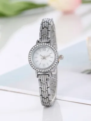 1pc Silver Zinc Alloy Strap Rhinestone Decor Round Dial Quartz Watch