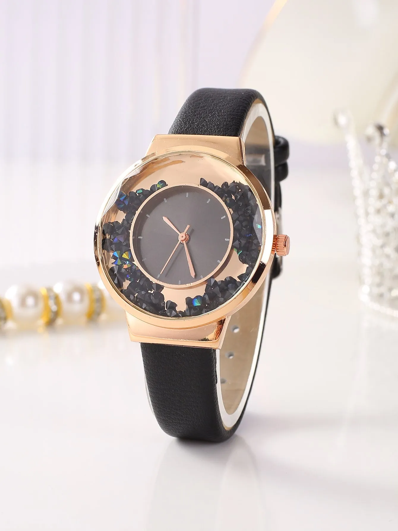 1pc Starry Sky Pattern Round Quartz Watch & 1pc Heart Decor Bracelet - Black