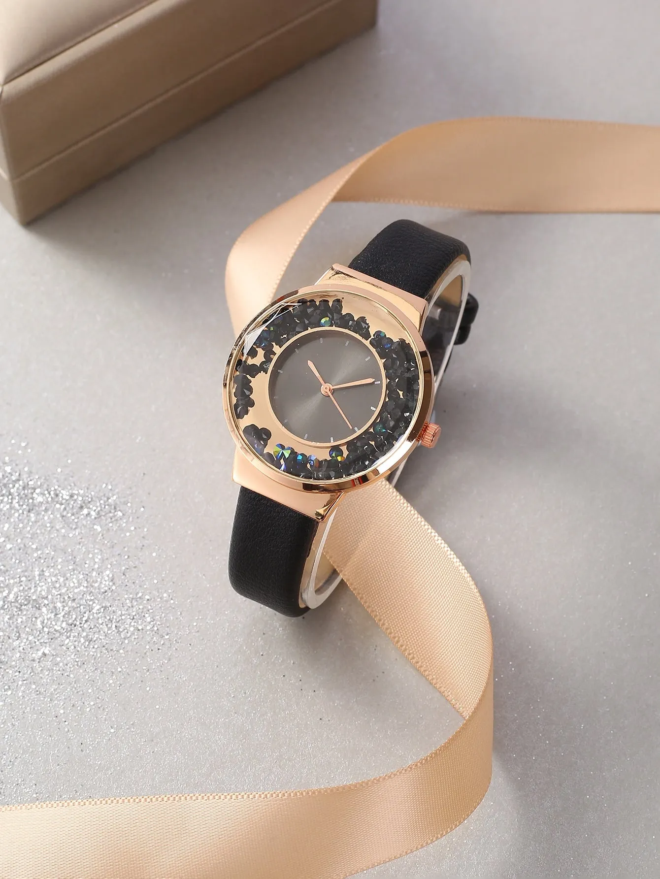1pc Starry Sky Pattern Round Quartz Watch & 1pc Heart Decor Bracelet - Black