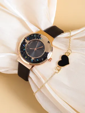 1pc Starry Sky Pattern Round Quartz Watch & 1pc Heart Decor Bracelet - Black