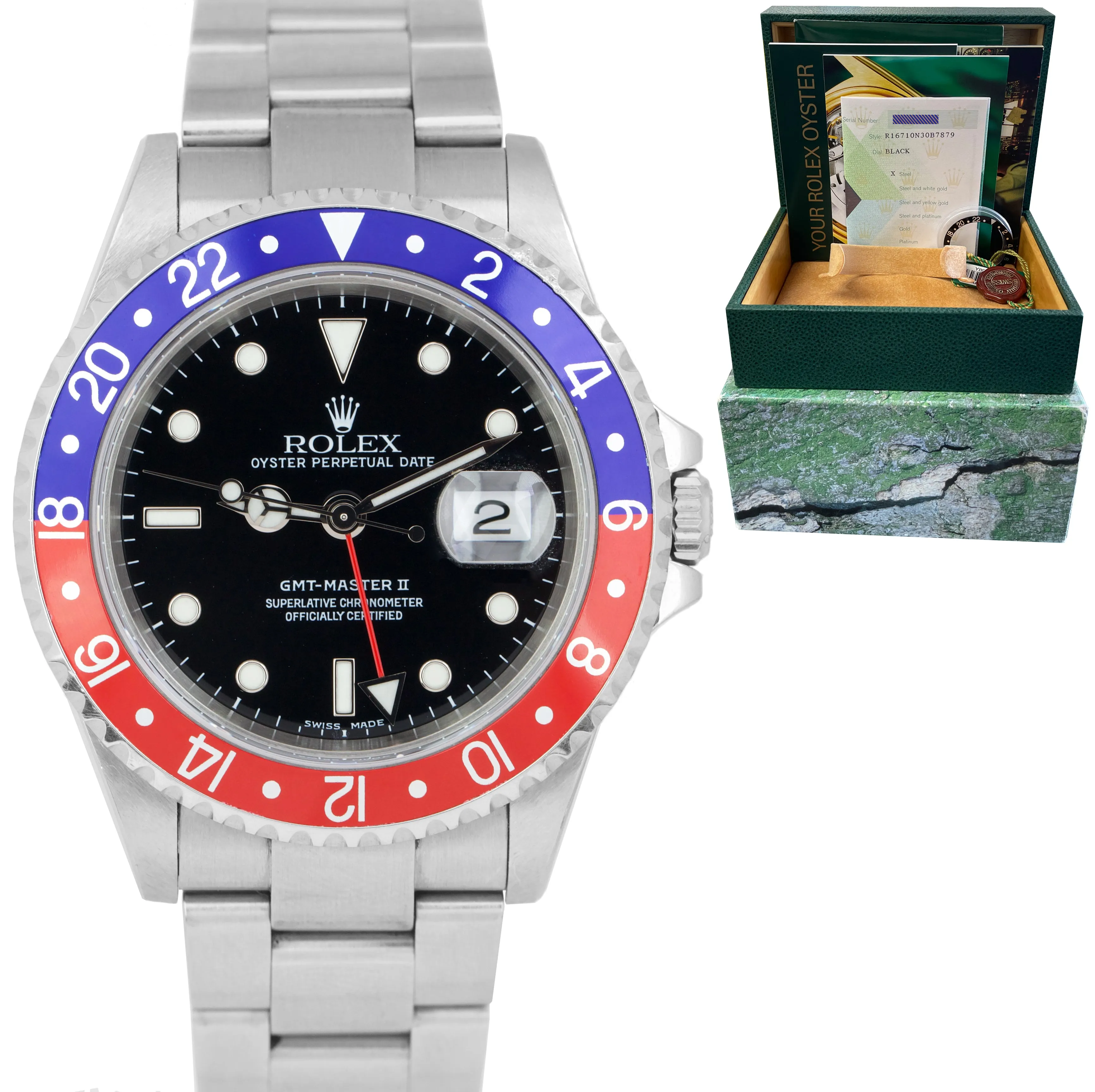 2004 Rolex GMT-Master II Y SERIAL NO-HOLES Pepsi 40mm Steel Watch 16710 FULL SET