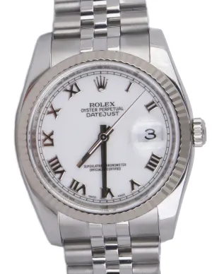 2012 Mint Rolex DateJust 116234 36mm White Roman Numeral Jubilee Date Watch