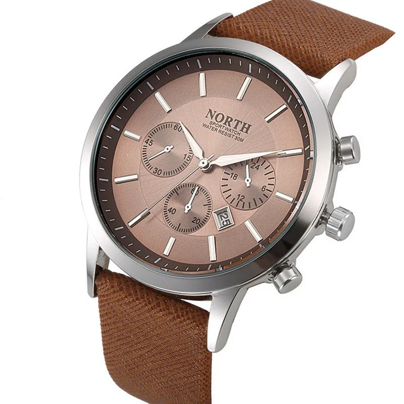 2017 Mens Watches NORTH Brand Luxury Casual Military Quartz Sports Wristwatch Leather Strap Male Clock watch relogio masculino