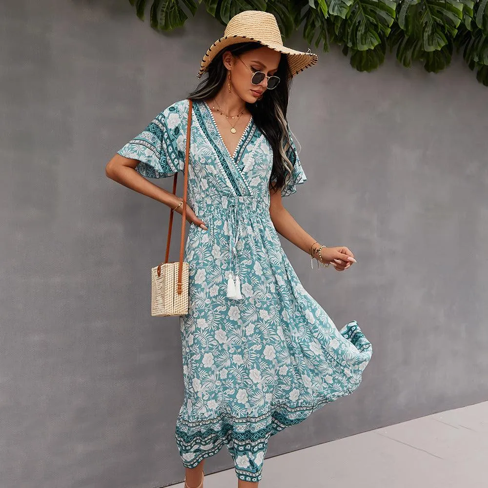2021 Bohemian Dress Summer Women Clothing Loose V-Neck Casual Beach Sundresses