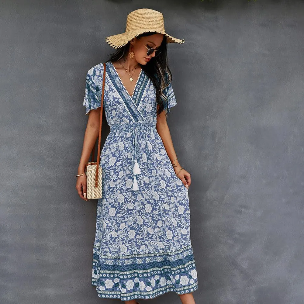 2021 Bohemian Dress Summer Women Clothing Loose V-Neck Casual Beach Sundresses