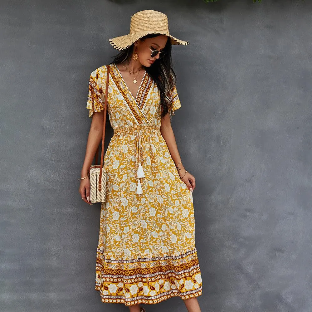 2021 Bohemian Dress Summer Women Clothing Loose V-Neck Casual Beach Sundresses