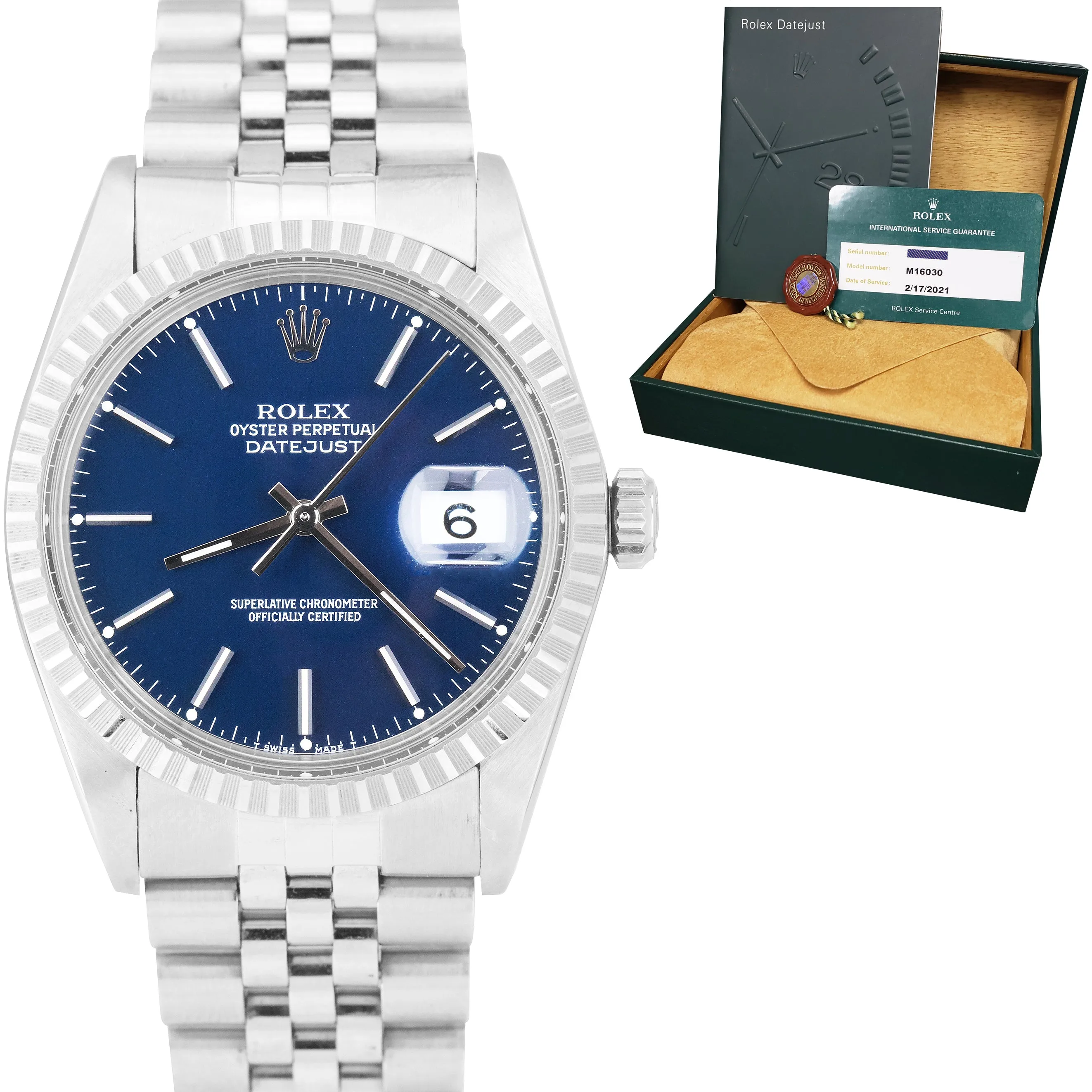 2021 RSC Rolex DateJust 36mm Stainless Steel Blue Jubilee Eng Turned Watch 16030
