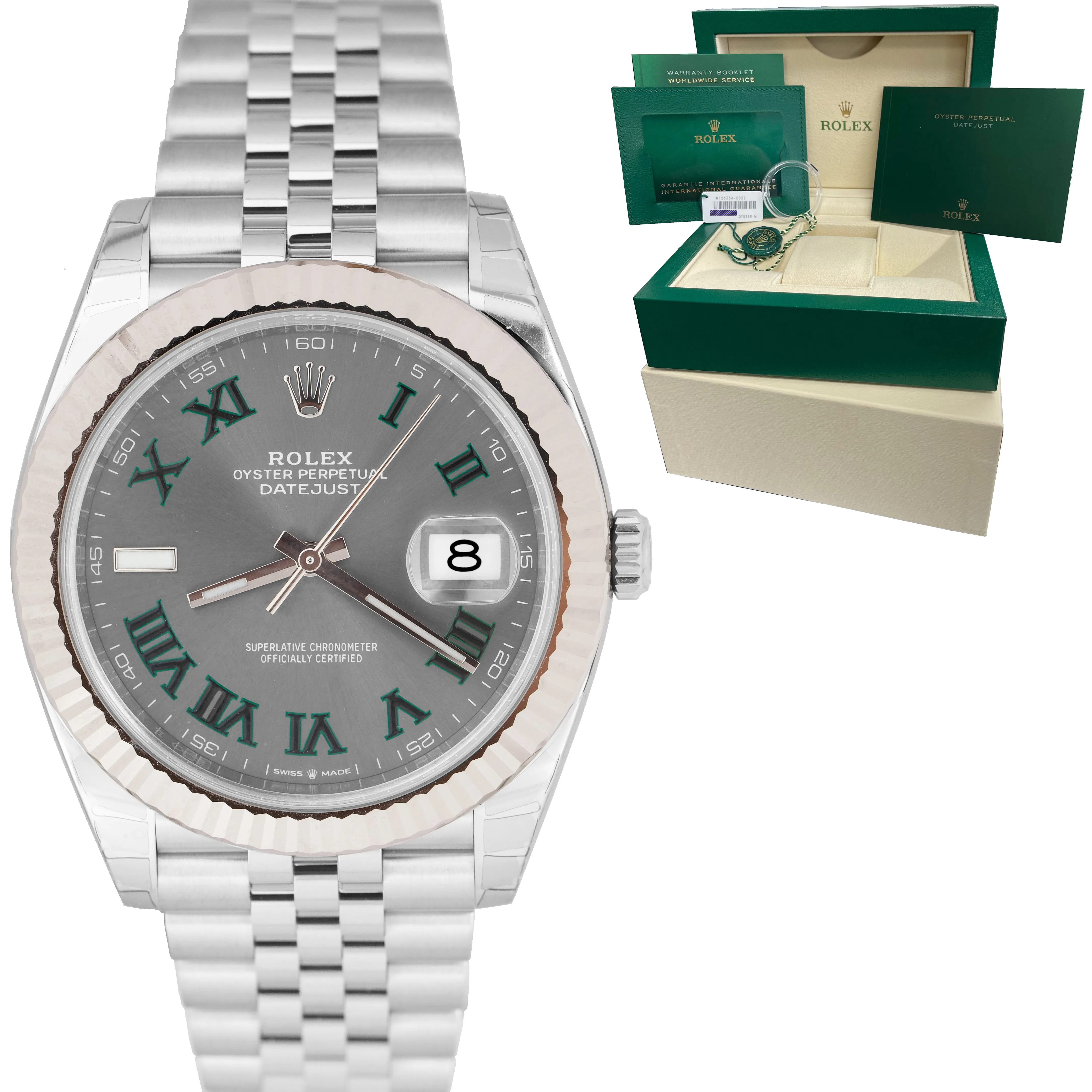 2021 STICKERED Rolex DateJust Wimbledon Grey 41mm Fluted Jubilee Watch 126334