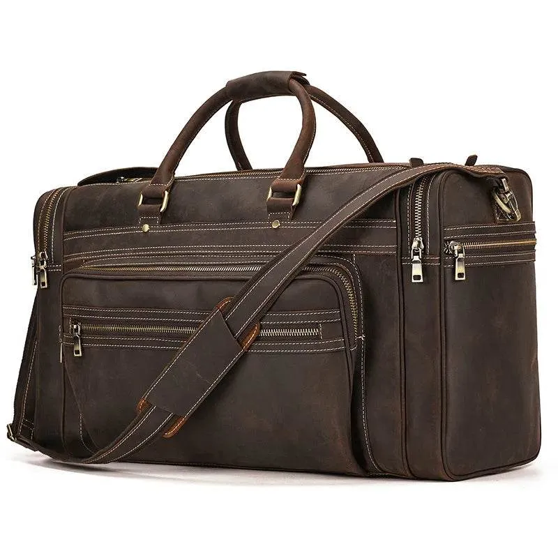 60cm High Capacity Genuine Leather Travel Duffle for Men Weekend Bag