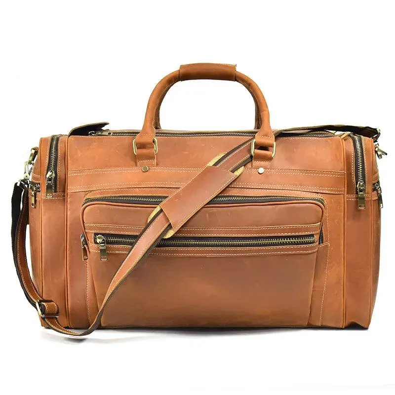 60cm High Capacity Genuine Leather Travel Duffle for Men Weekend Bag