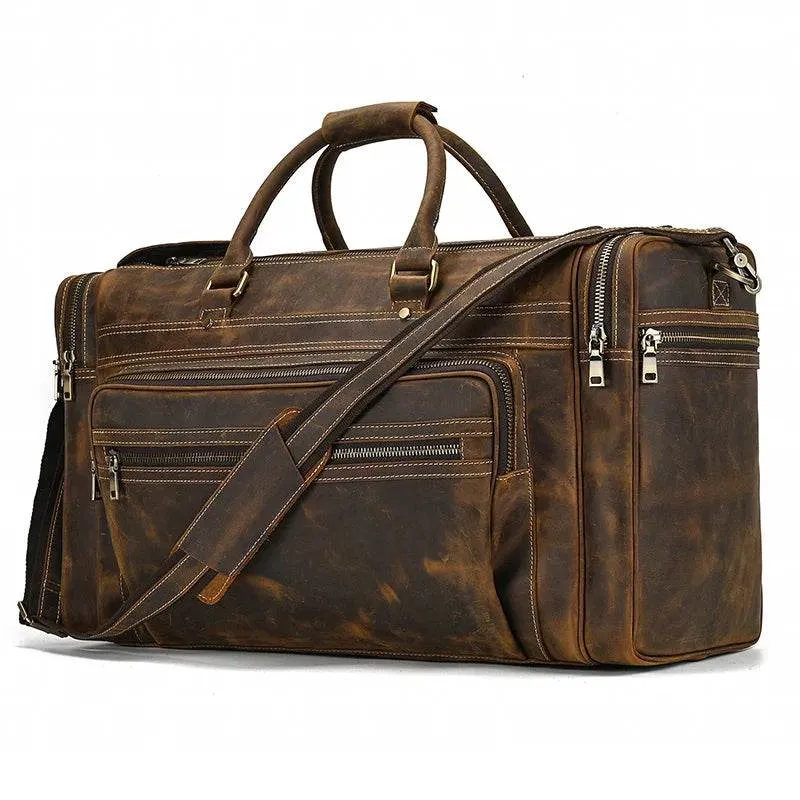60cm High Capacity Genuine Leather Travel Duffle for Men Weekend Bag