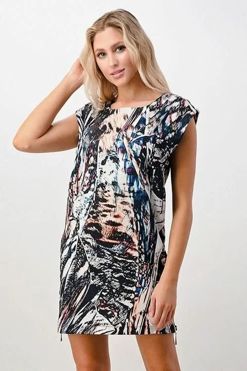 Abstract Print Cap-Sleeve Mini Dress