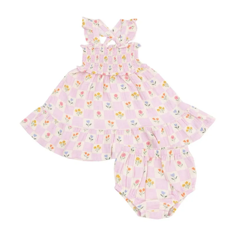 Angel Dear || Floral Check Smocked Ruffle Sundress