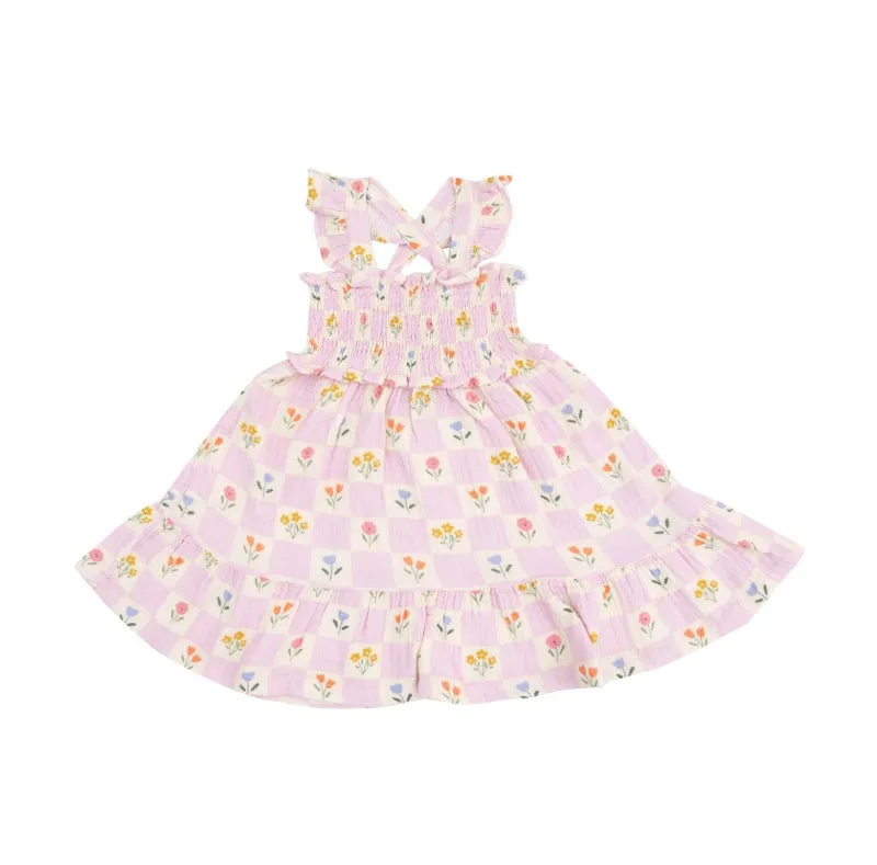 Angel Dear || Floral Check Smocked Ruffle Sundress