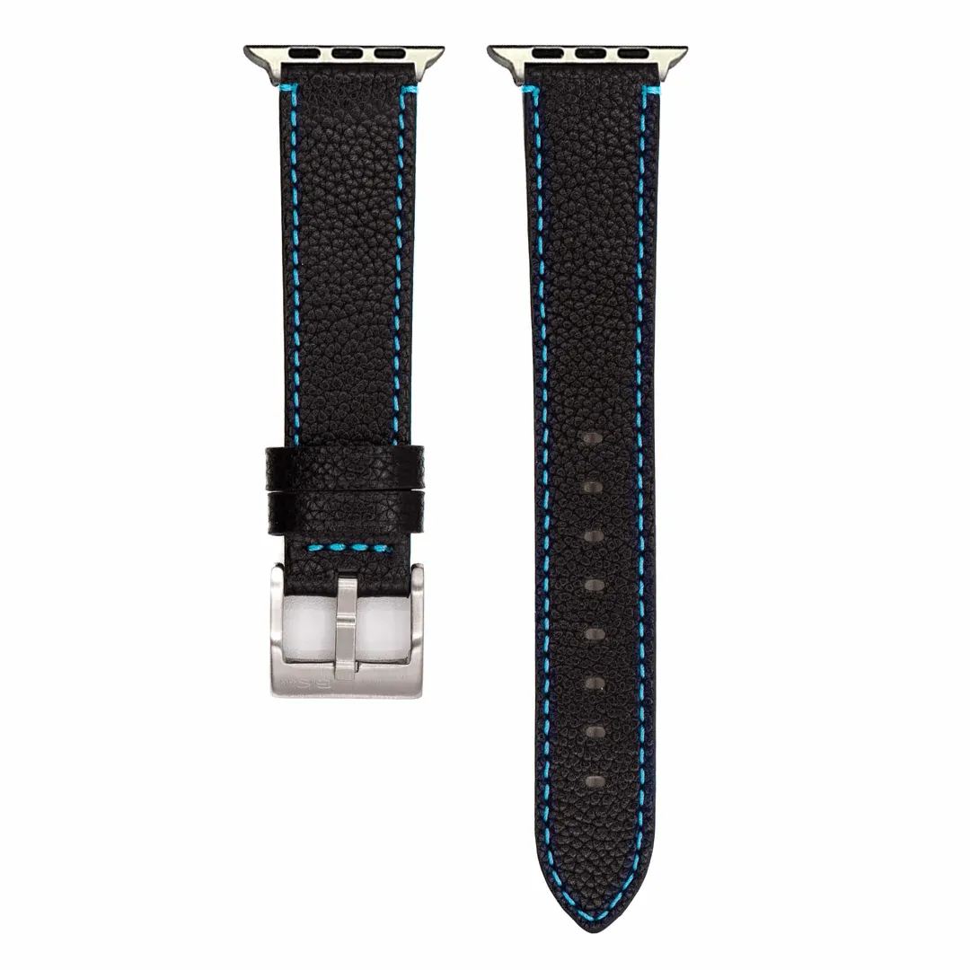 Apple Band Leather Contrast Stitch - Black with Bright Blue
