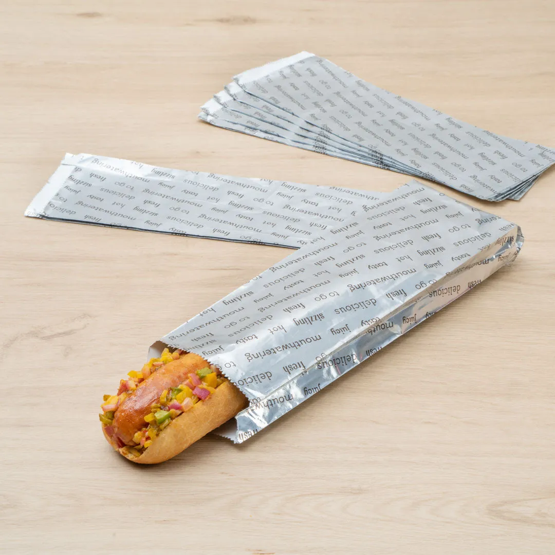 Bag Tek Paper Printed Large Hot Dog Foil Bag - 3 3/4" x 1 1/4" x 12" - 100 count box