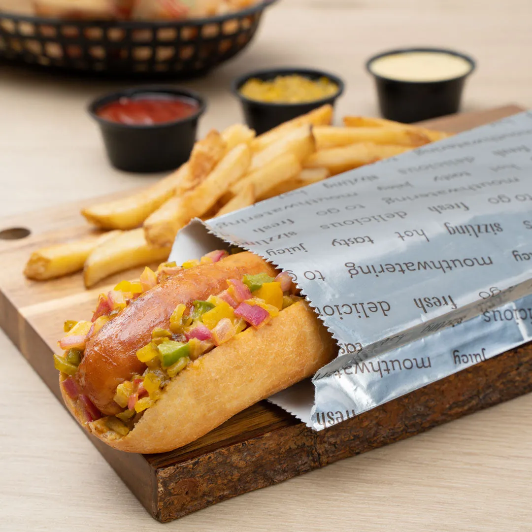 Bag Tek Paper Printed Large Hot Dog Foil Bag - 3 3/4" x 1 1/4" x 12" - 100 count box