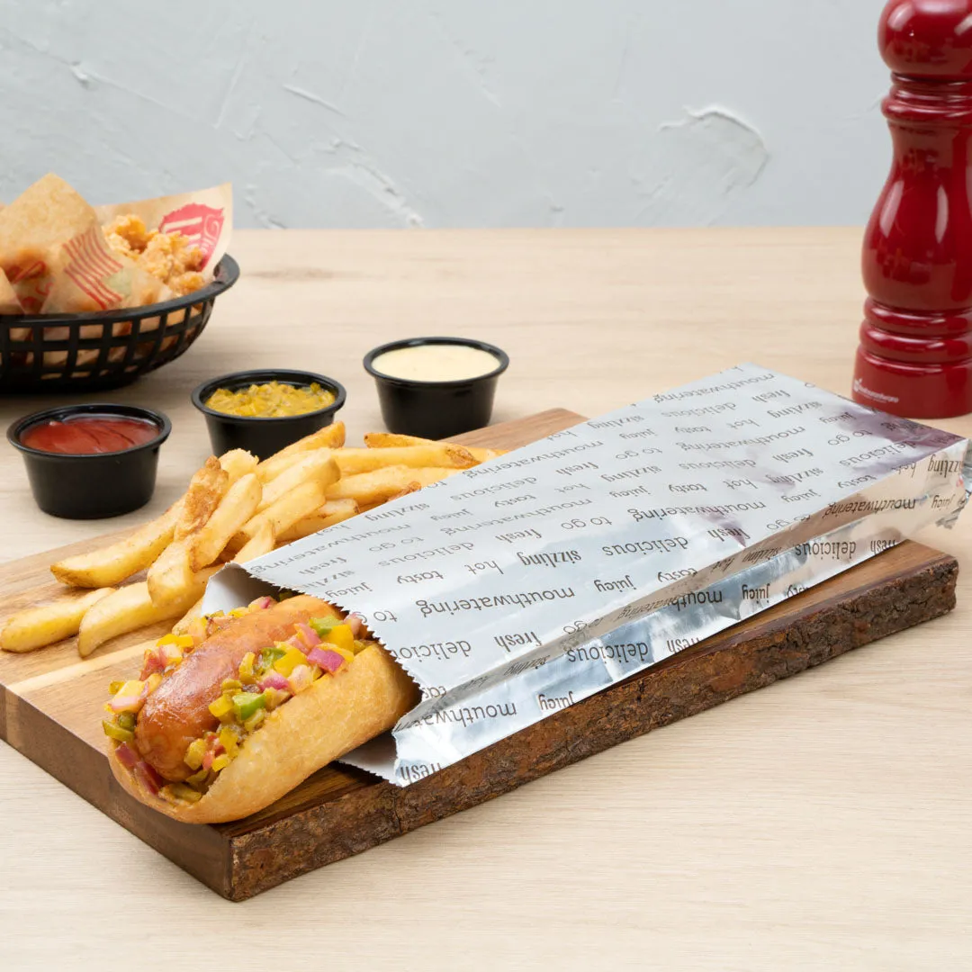 Bag Tek Paper Printed Large Hot Dog Foil Bag - 3 3/4" x 1 1/4" x 12" - 100 count box