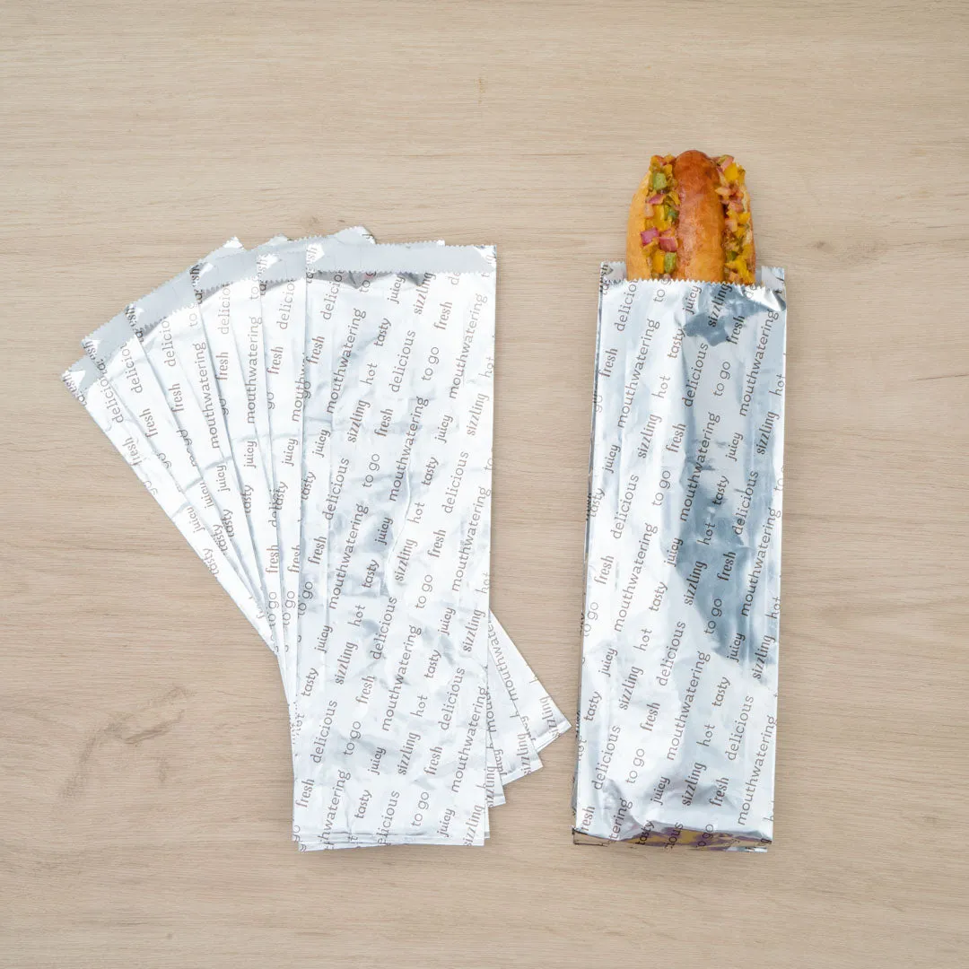 Bag Tek Paper Printed Large Hot Dog Foil Bag - 3 3/4" x 1 1/4" x 12" - 100 count box