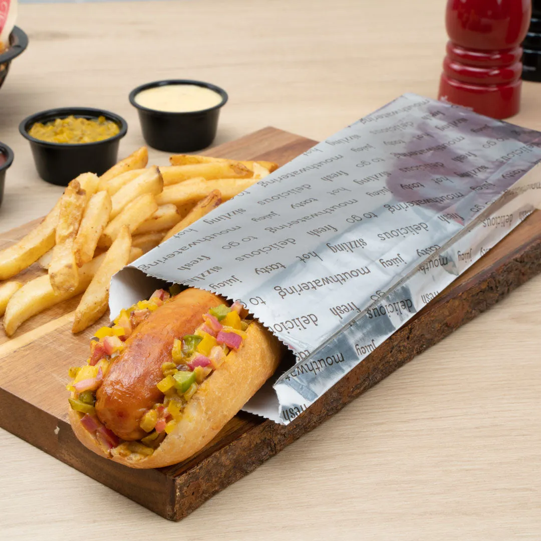 Bag Tek Paper Printed Large Hot Dog Foil Bag - 3 3/4" x 1 1/4" x 12" - 100 count box