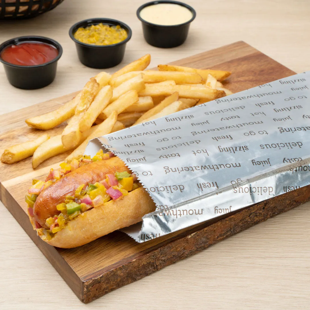 Bag Tek Paper Printed Large Hot Dog Foil Bag - 3 3/4" x 1 1/4" x 12" - 100 count box