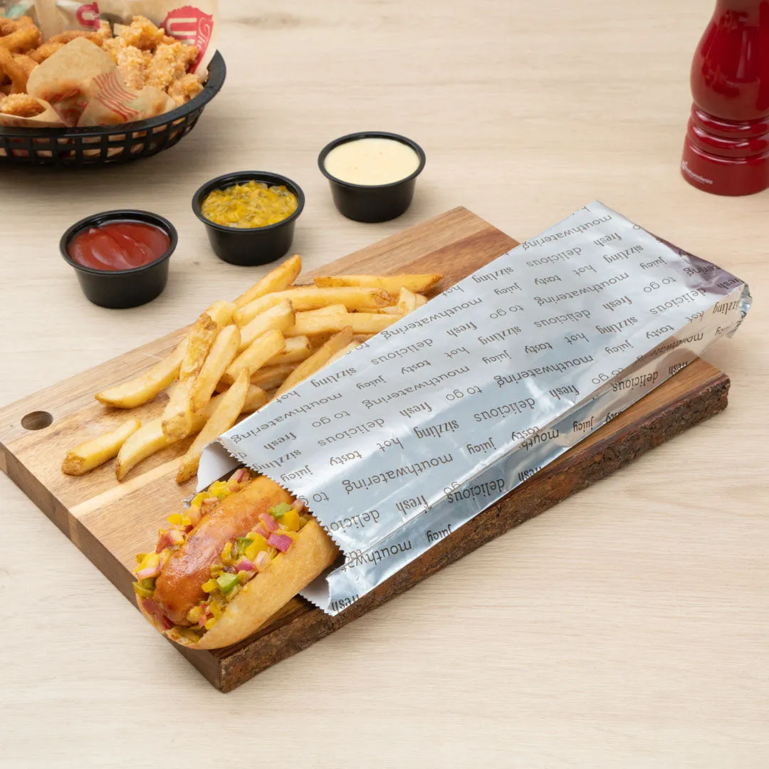 Bag Tek Paper Printed Large Hot Dog Foil Bag - 3 3/4" x 1 1/4" x 12" - 100 count box