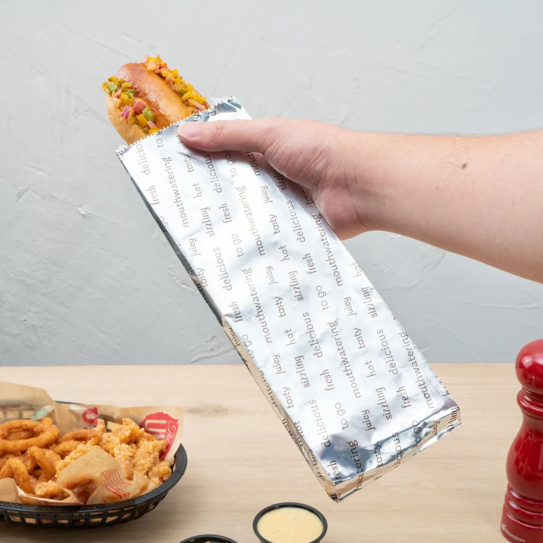 Bag Tek Paper Printed Large Hot Dog Foil Bag - 3 3/4" x 1 1/4" x 12" - 100 count box