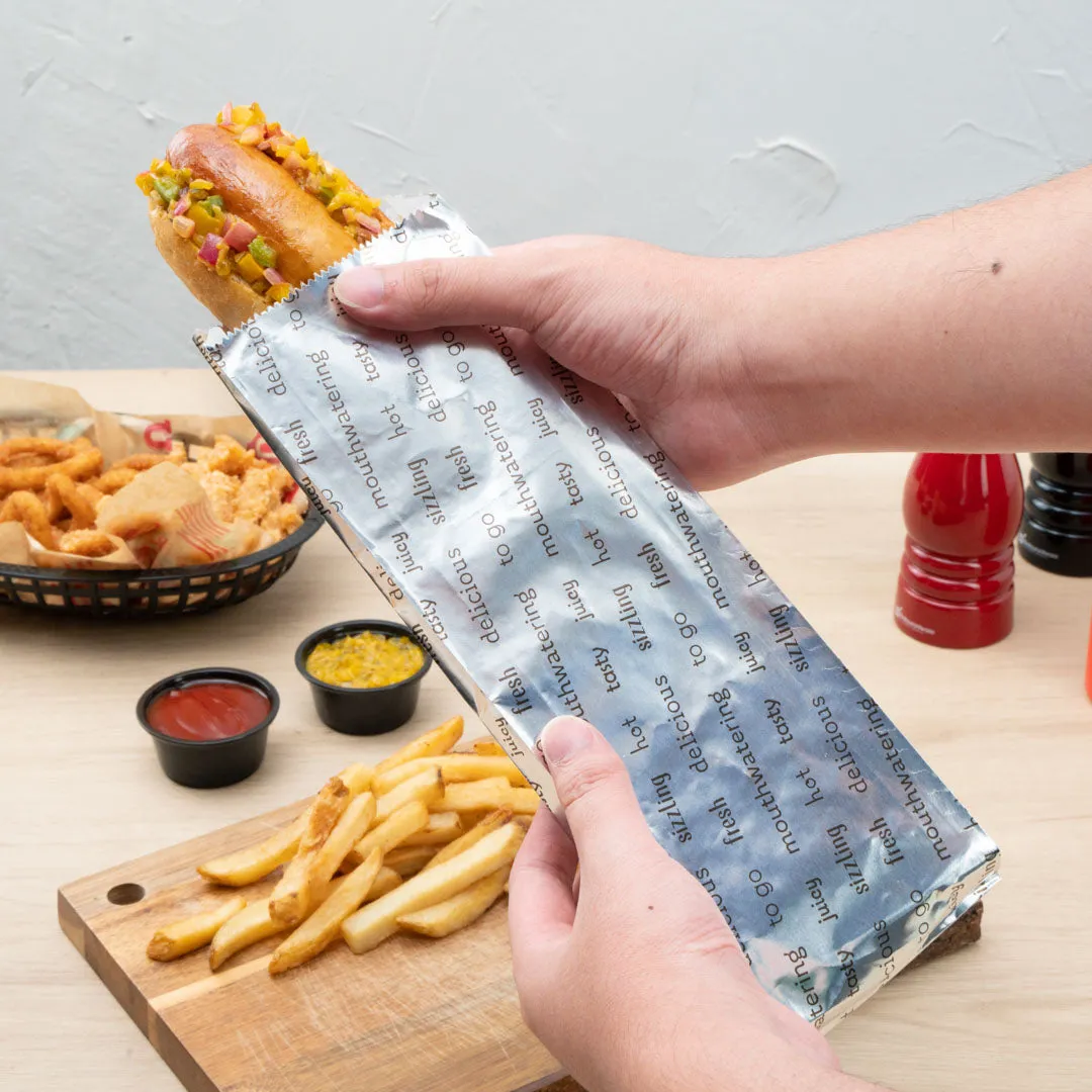 Bag Tek Paper Printed Large Hot Dog Foil Bag - 3 3/4" x 1 1/4" x 12" - 100 count box