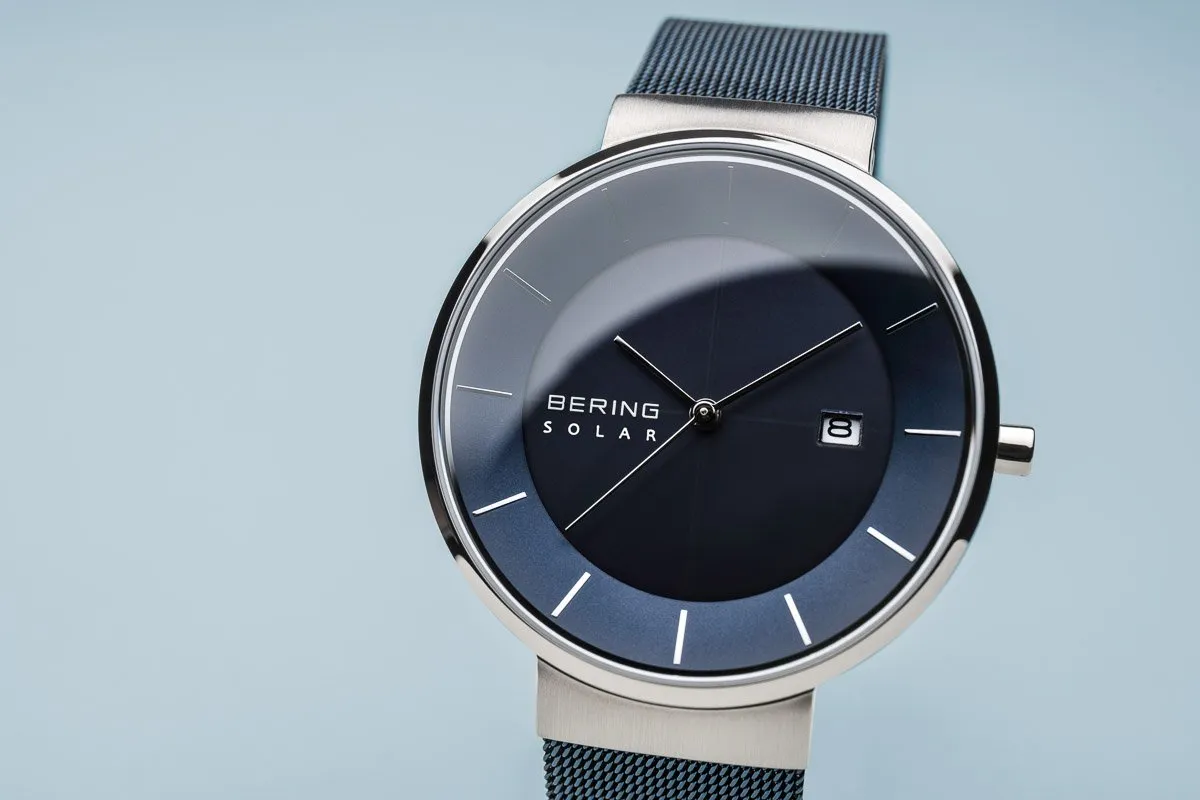 BERING Solar Blue Milanese Strap Polished Silver Case Men's Watch 14639-307