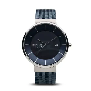 BERING Solar Blue Milanese Strap Polished Silver Case Men's Watch 14639-307