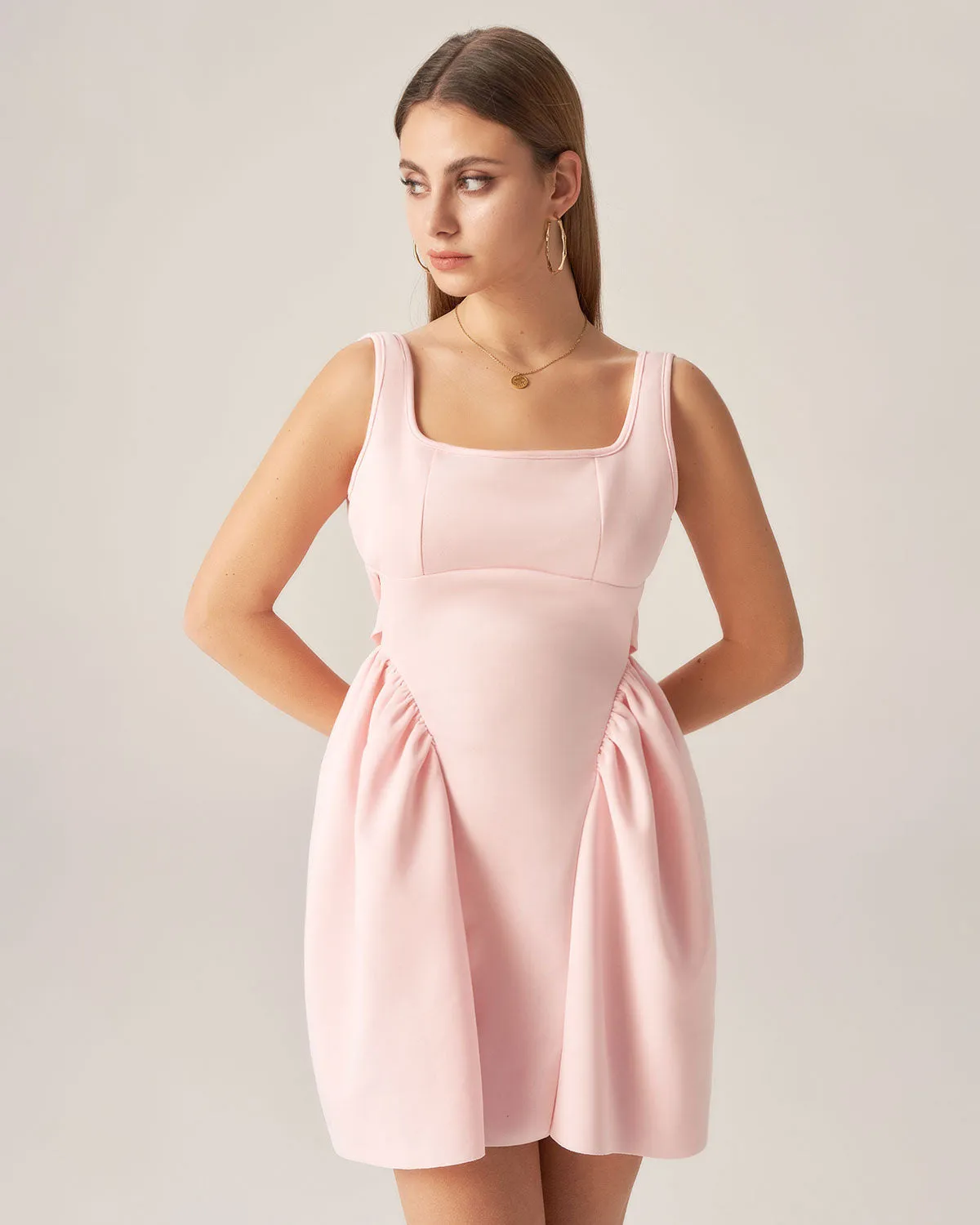 Bettydress-Pink Square Neck Bowknot Mini Dress