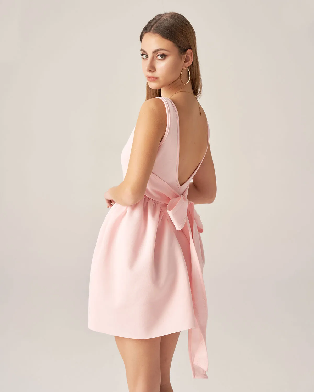 Bettydress-Pink Square Neck Bowknot Mini Dress