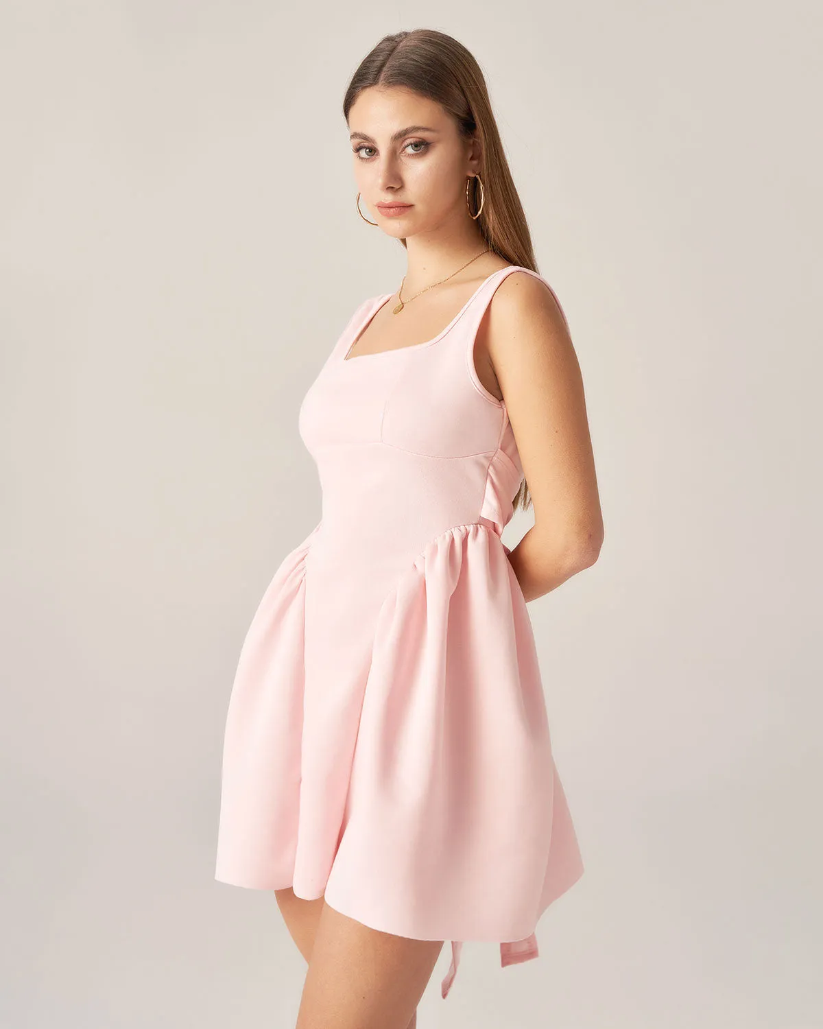 Bettydress-Pink Square Neck Bowknot Mini Dress