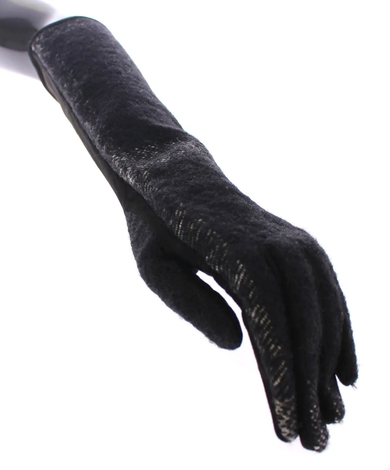 Black Lambskin Leather Wool Elbow Gloves Silk