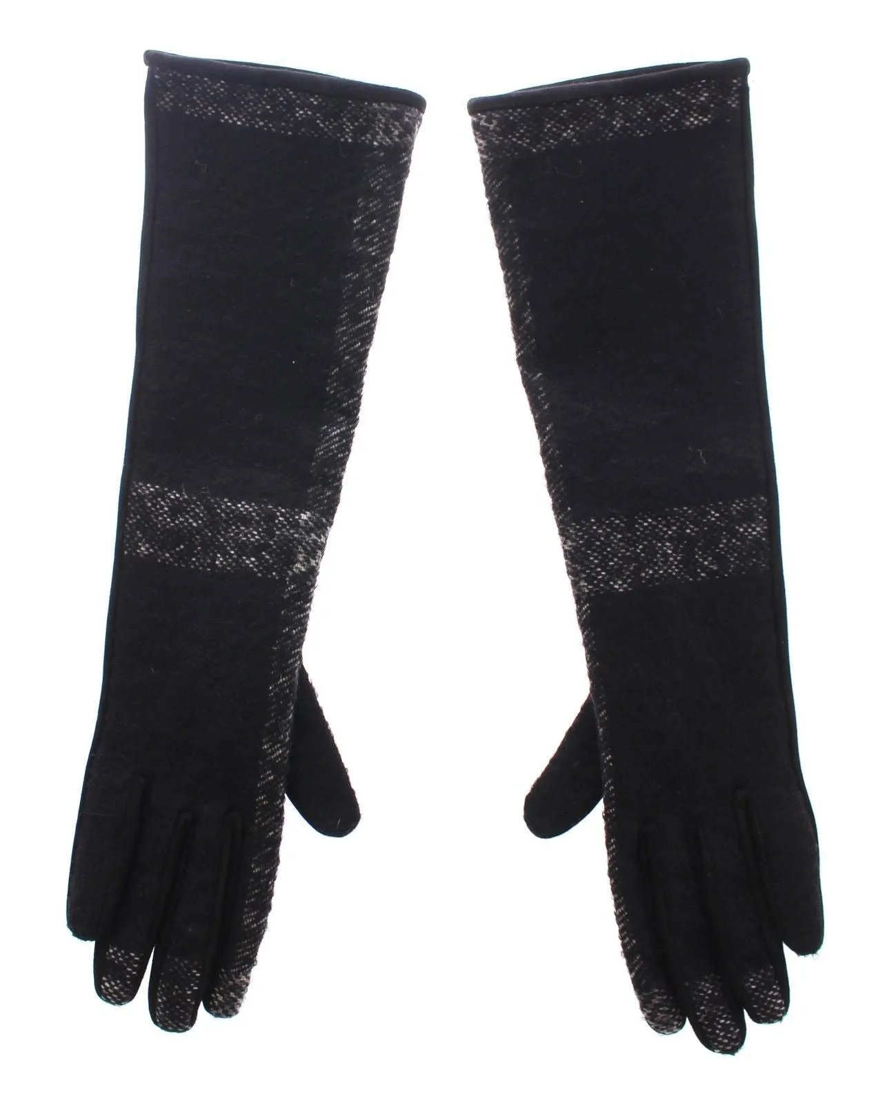 Black Lambskin Leather Wool Elbow Gloves Silk