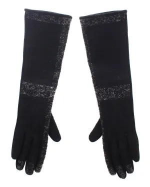 Black Lambskin Leather Wool Elbow Gloves Silk