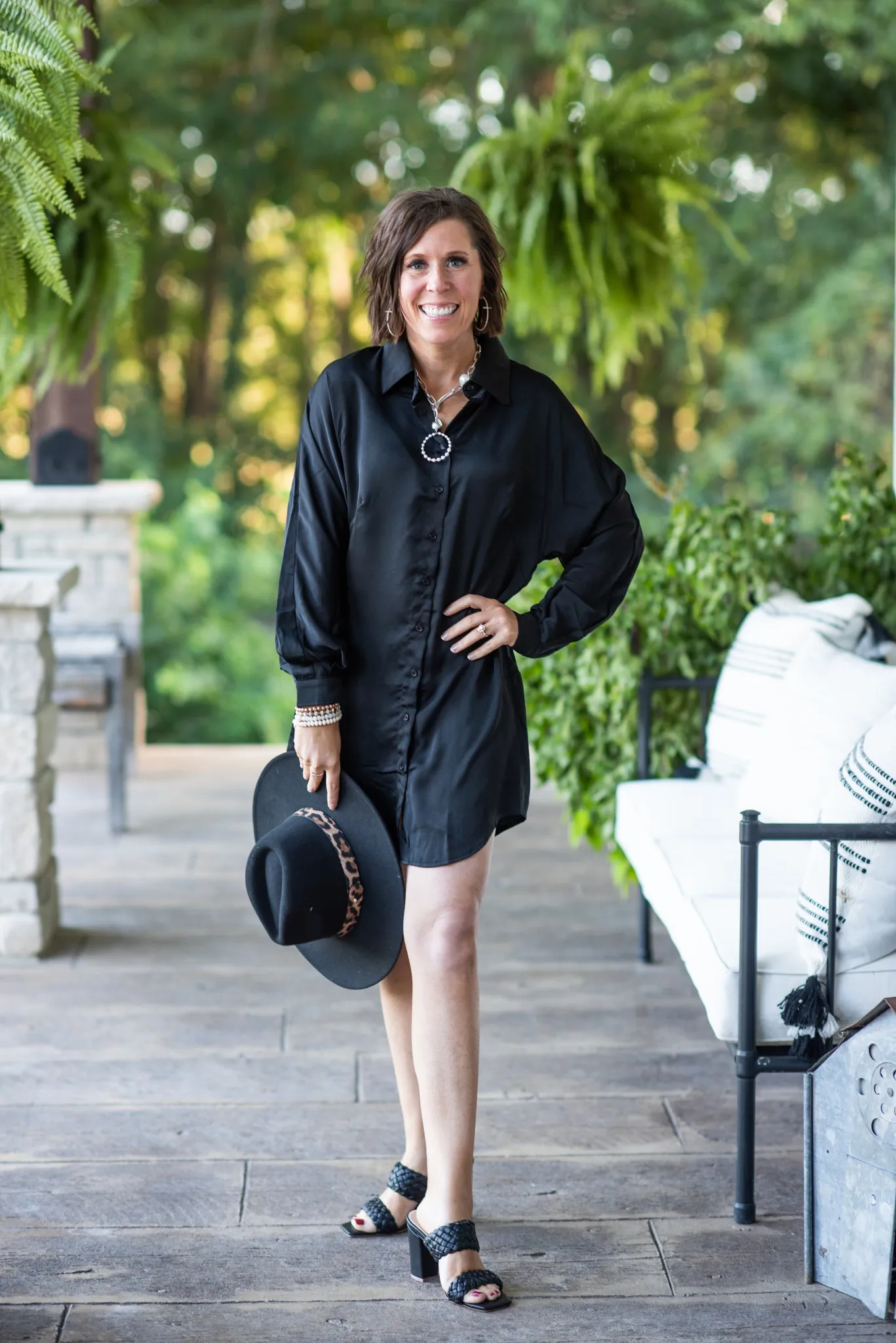 Black Satin Button Down Tunic Dress