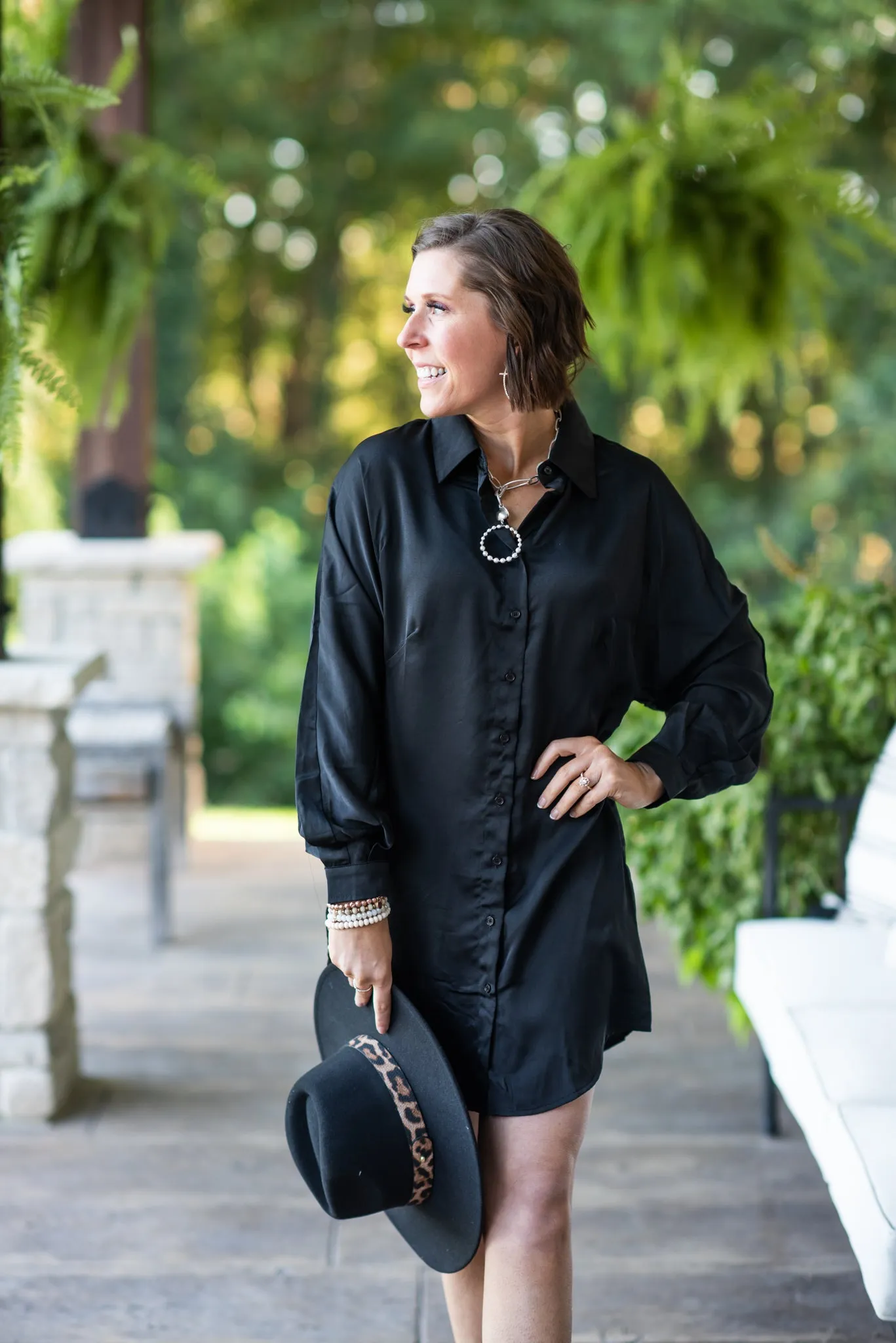 Black Satin Button Down Tunic Dress