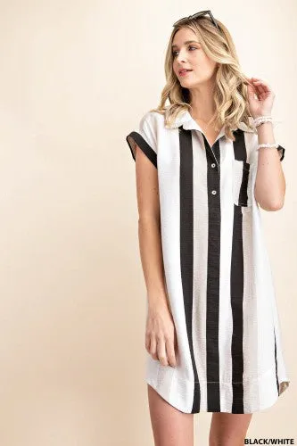 Black   White Stripe Collared Tunic Shirt Dress